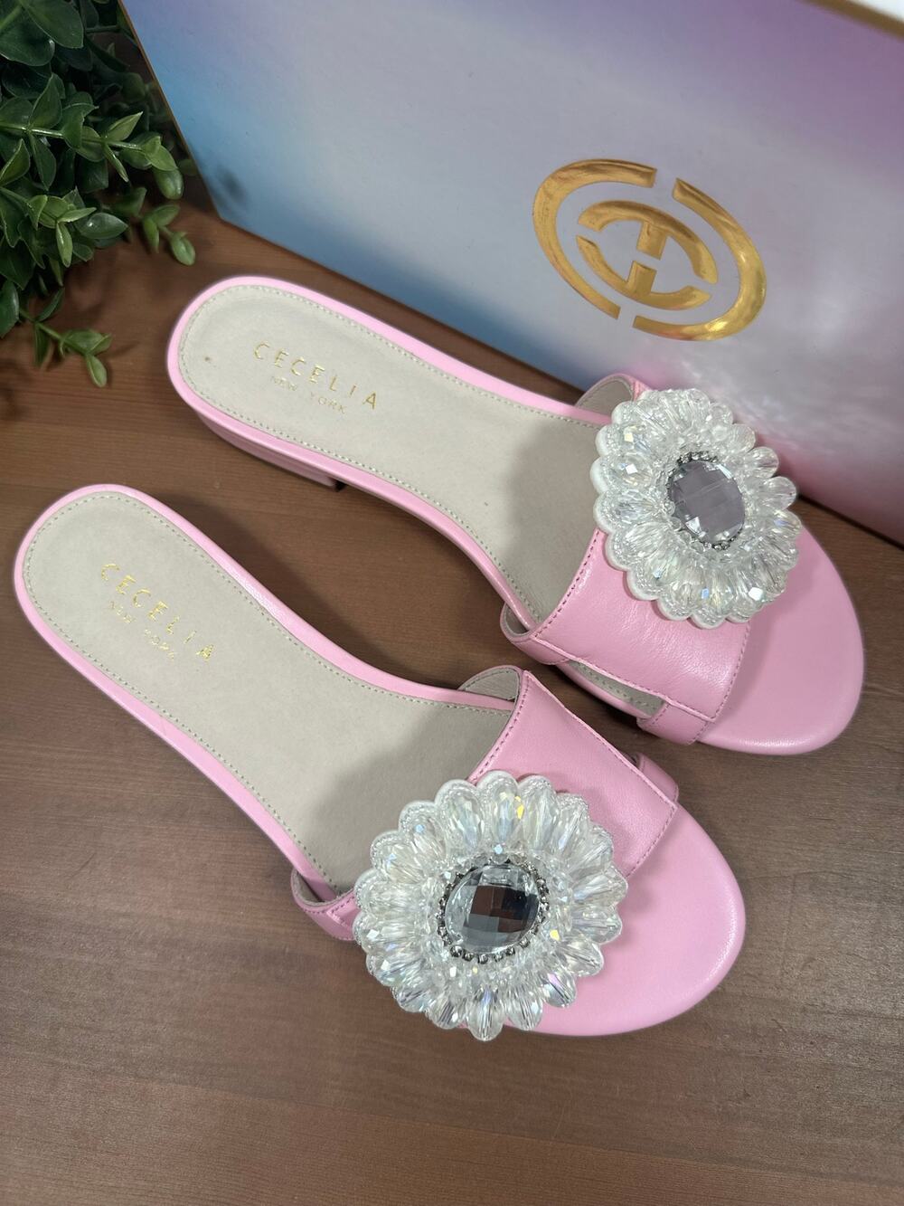 Cecelia‎ New York Women's Lidia Embellished Flower Leather Slide Sandals Size 7